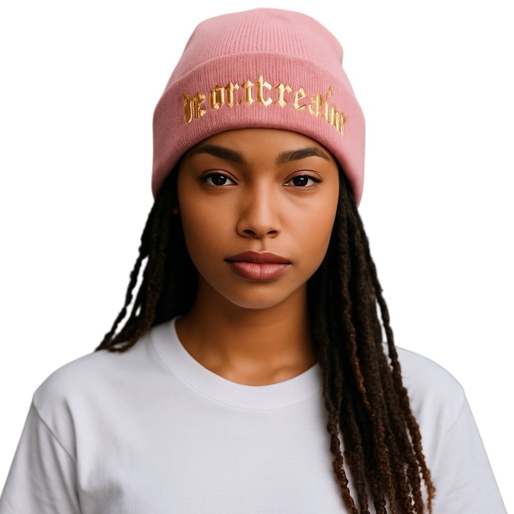 Nasaseasons Heartbreaker Embroidered Knit Beanie Pink Gold Fold Up Brim New!